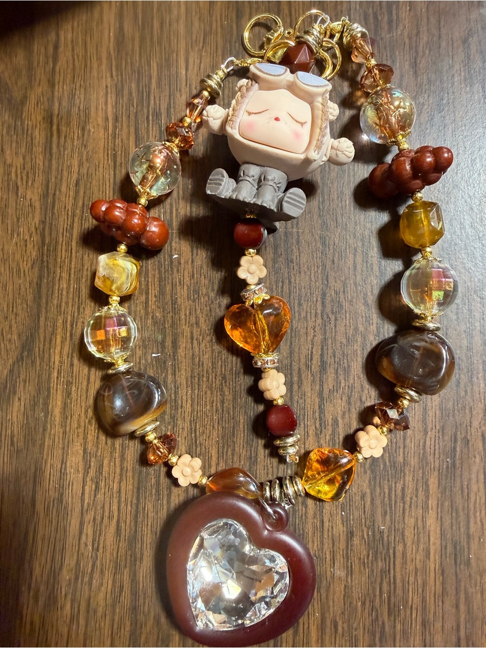Beaded Heart Pendant Keychain / car hanger with Charm - Brown Amber Gold Tones